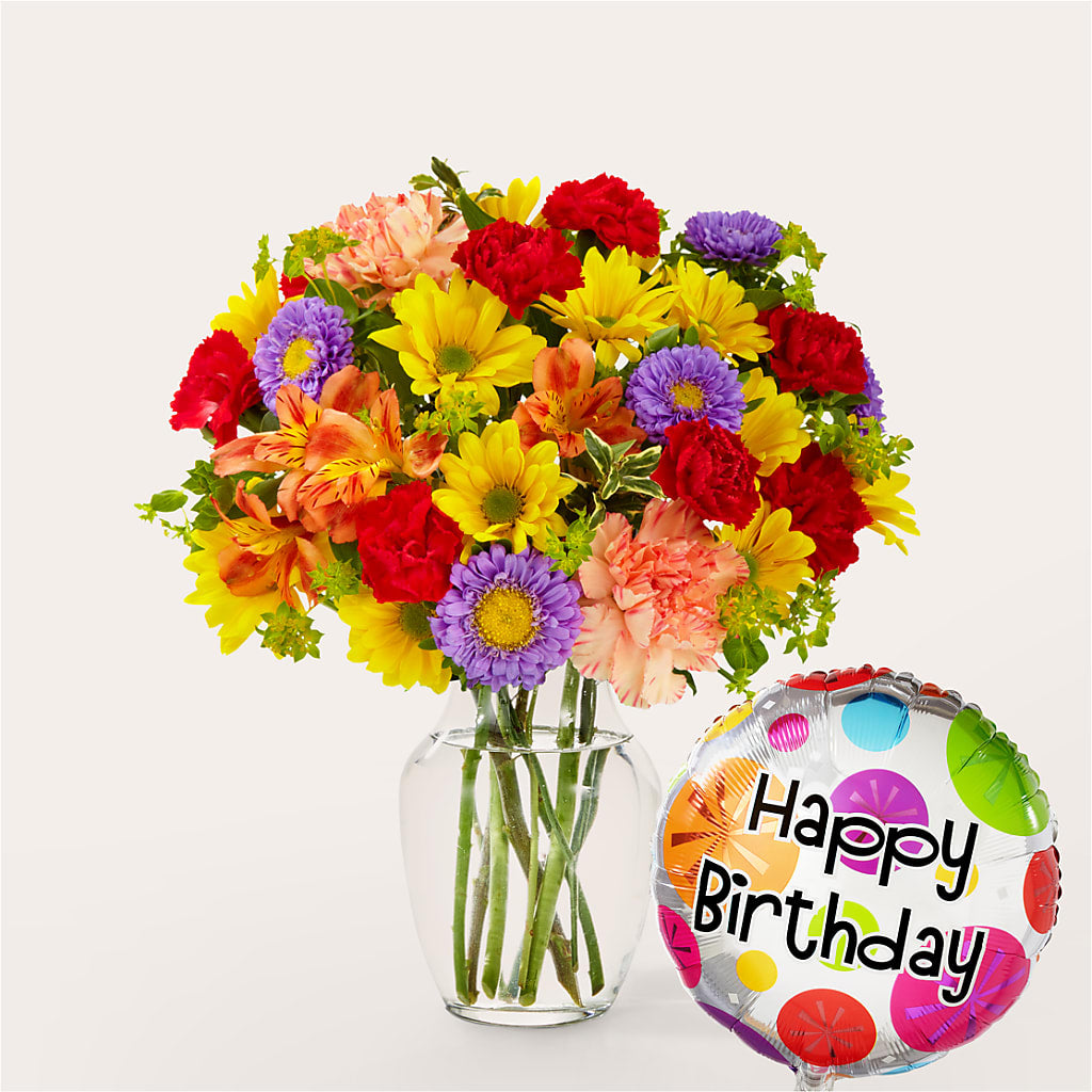 Kaleidoscope Bouquet with Birthday Balloon – Concord Flowers, Concord CA