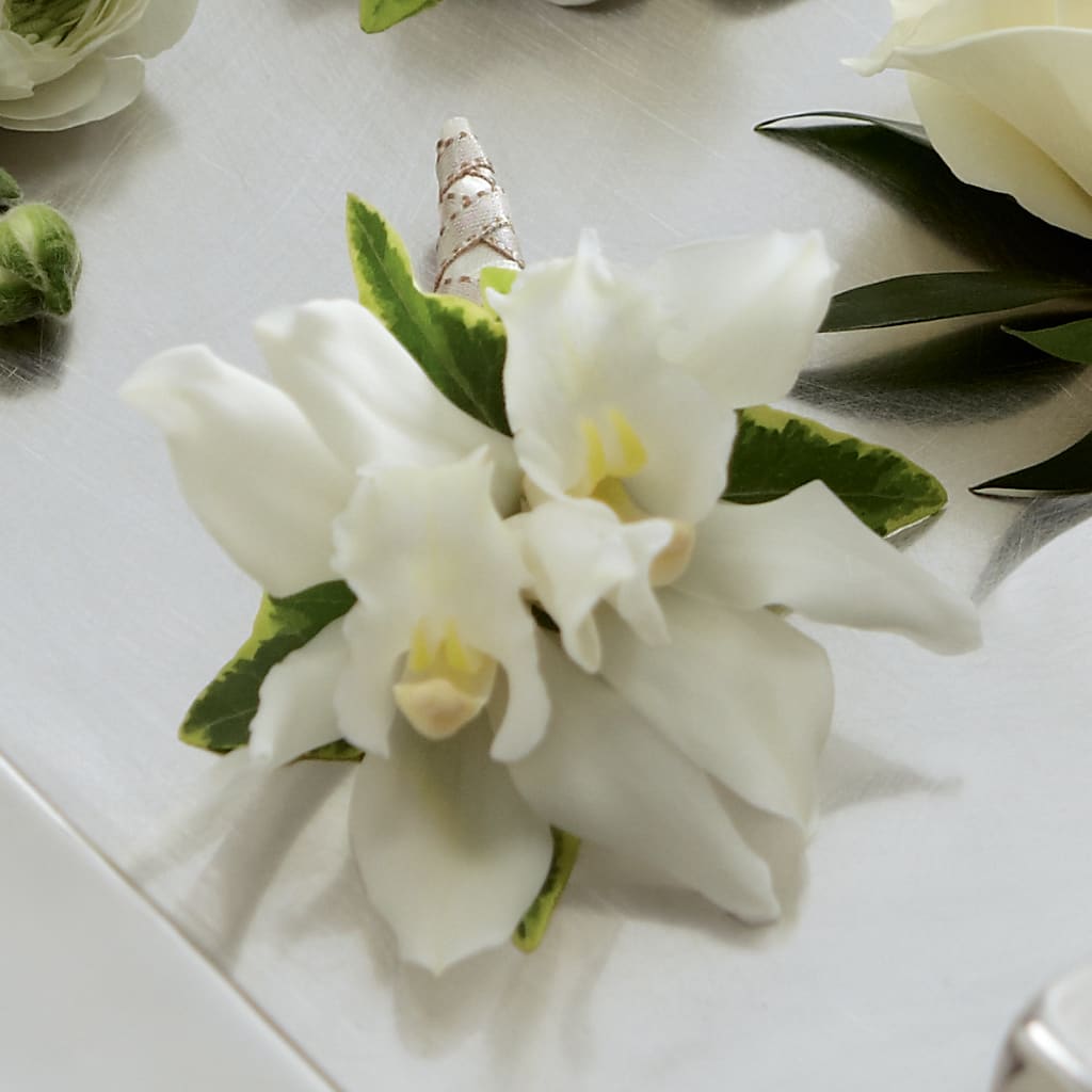 White Mini Cymbidium Boutonniere – Concord Flowers, Concord CA